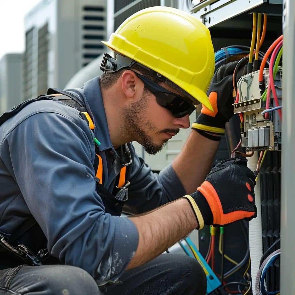 Commercial HVAC technician performing maintenance on an air conditioning unit